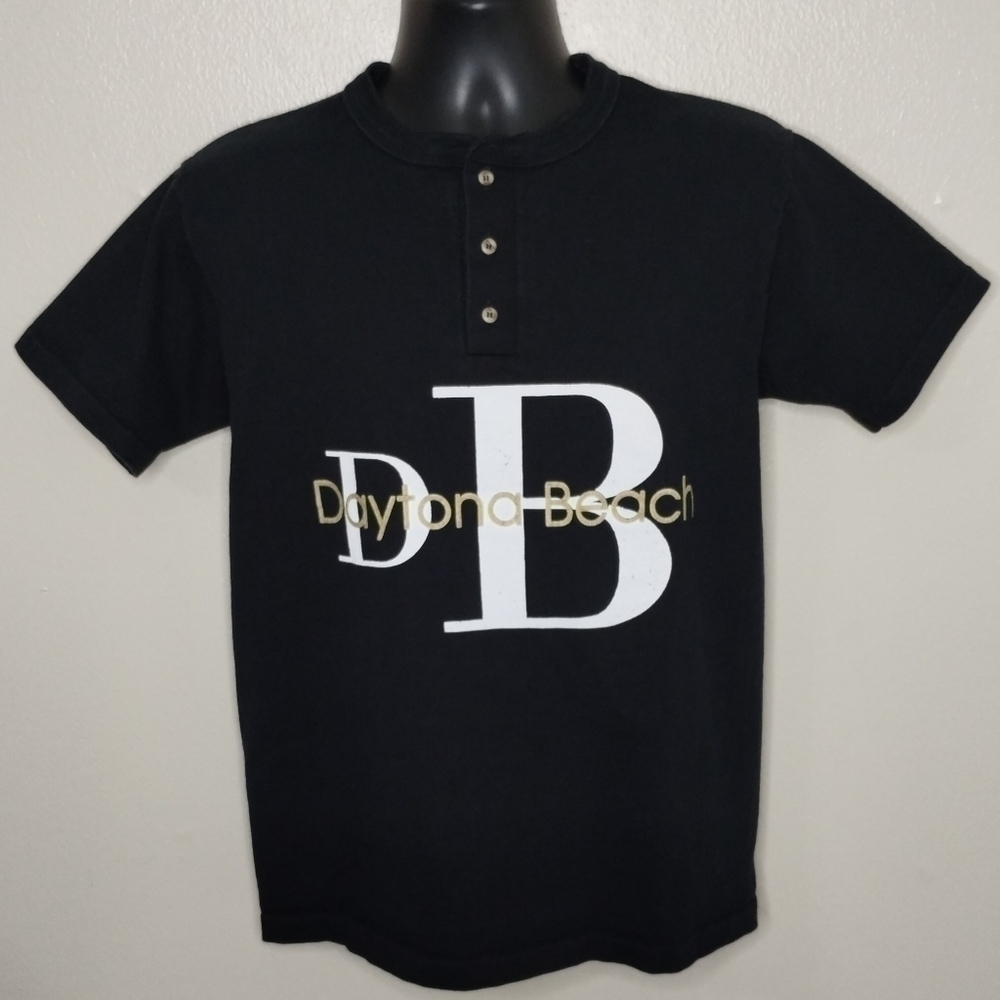 VTG 80s 90s Daytona Beach Adult Medium Henley T-shirt Single Stitch USA Black